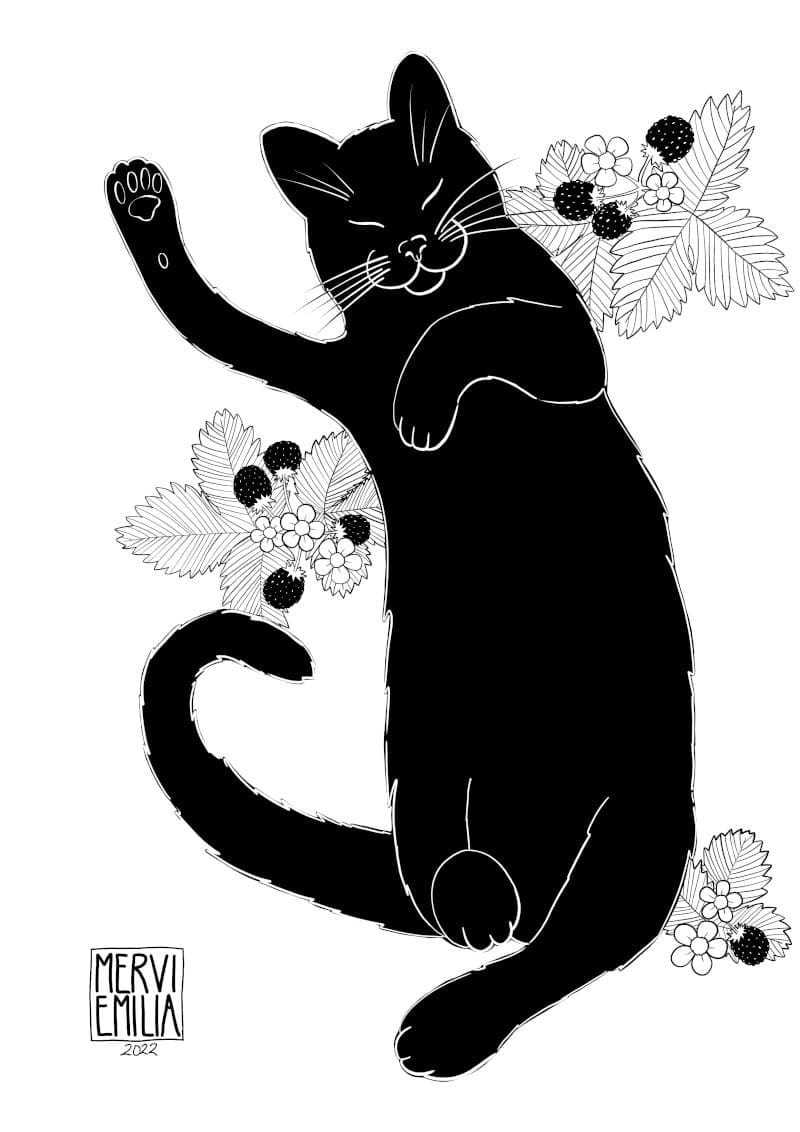 Summer Cat - Black and white illustration of a happy black cat laying on its back with one front paw stretched out as if it's waving surrounded by wild strawberries by Mervi Emilia Eskelinen