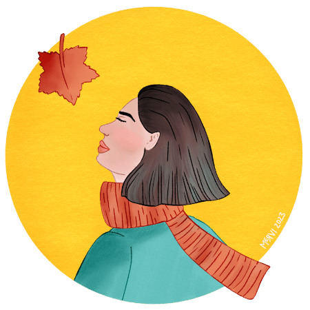 An illustration of a light skinned person with a dark brown bob haircut, orange knit scarf and teal coat facing left of the image with eyes closed and head tilted slightly back and an orange maple leaf falling towards them on a yellow soft paperlike textured round background by Mervi Emilia Eskelinen