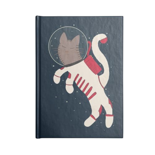 Mockup of a hardcover notebook with a blue cover featuring a simplistic drawing of a happy cat astronaut
