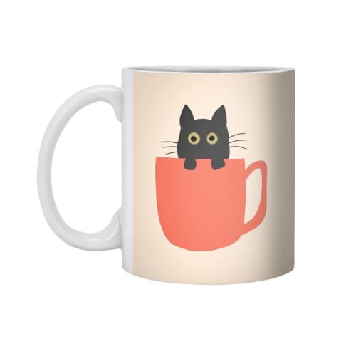 Mockup of a mug featuring a simplistic drawing of a black cat in an orange mug on a beige background