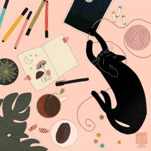 A flat lay style illustration with a black cat sleeping relaxed surrounded by drawings, pens, pencils and oil pastels, a cup of tea and a Finnish cinnamon roll or korvapuusti, masking tape rolls, a pear and tangerine slices, a couple of photos, buttons, a pink roll of yarn, a cactus and some monstera plant leaves by Mervi Eskelinen