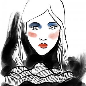 A mostly black and white simplified fashion style artwork of a beautiful pale woman with britght red lips, blue eyeshadow and red blush on cheecks, with lace looking doodly area and black ink style splashes around the neck and chest by Mervi Eskelinen