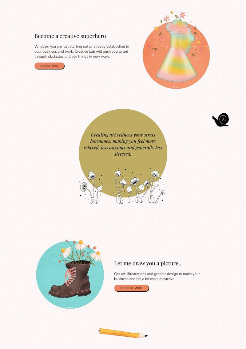 A screenshot of the middle part of the redesigned front page, featuring text and illustrations, such as a colourful lab beaker, a black and white snail, weird black and white mushrooms and an old brown boot with flowers growing out of it