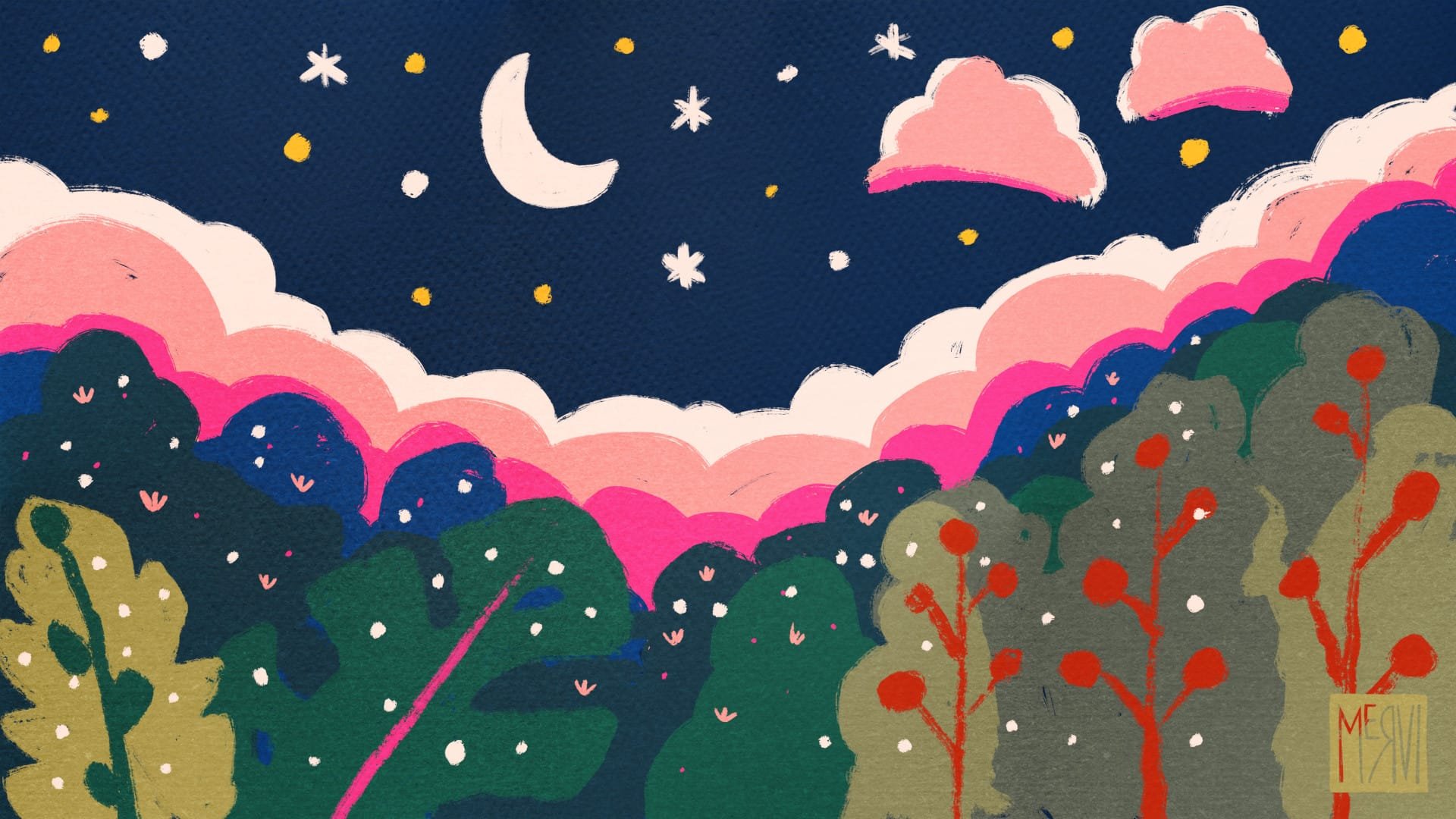 A colourful simplistic illustration of a nightly landscape with green and blue trees, some leaves, pink clouds and moon and stars on the sky with a soft texture by Mervi Eskelinen