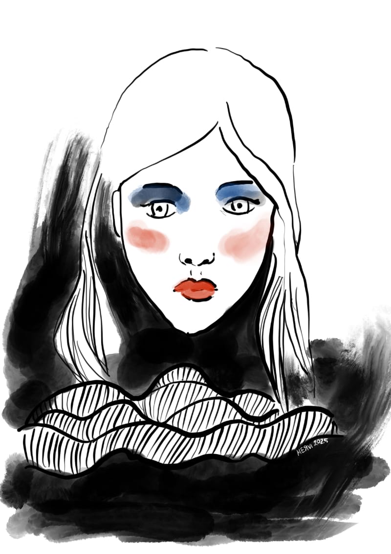 A mostly black and white simplified fashion style artwork of a beautiful pale woman with britght red lips, blue eyeshadow and red blush on cheecks, with lace looking doodly area and black ink style splashes around the neck and chest by Mervi Eskelinen