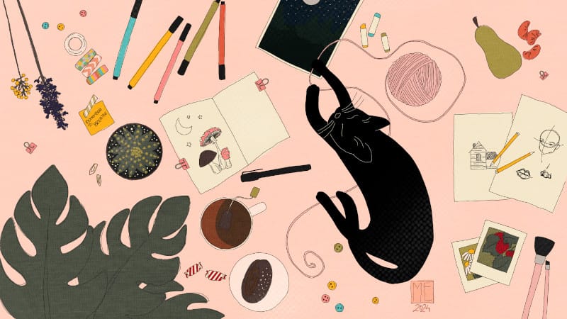 A flat lay style illustration with a black cat sleeping relaxed surrounded by drawings, pens, pencils and oil pastels, a cup of tea and a Finnish cinnamon roll or korvapuusti, masking tape rolls, a pear and tangerine slices, a couple of photos, buttons, a pink roll of yarn, a cactus and some monstera plant leaves by Mervi Eskelinen