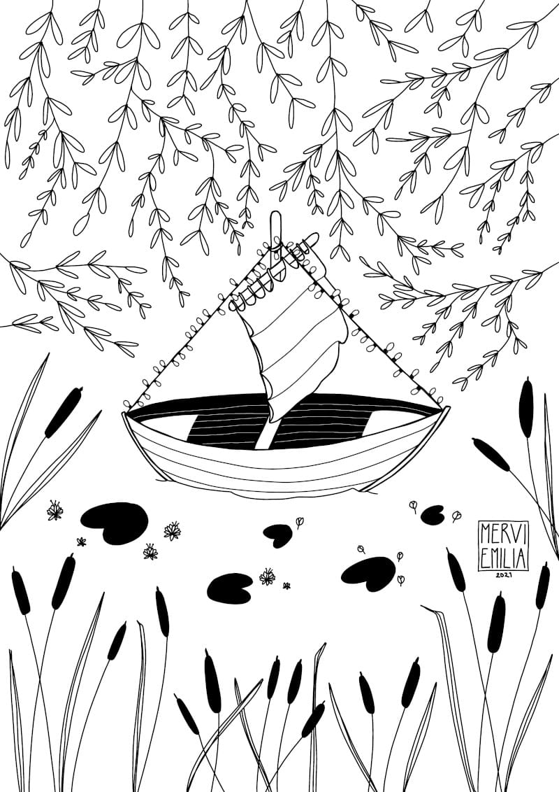 Come Sail Away, black and white line drawing style illustration of a small dingy on a tiny lily pond surrounded by plants by Mervi Emilia Eskelinen