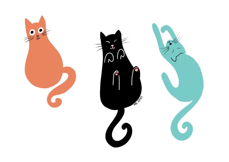 An illustration of three simplistic blob cats: The first one is orange and sitting with big round eyes, the second one is black and laying on its back with eyes closed and pink nose and paw beans, and the third one is teal and pictured from above laying relaxed with eyes closed by Mervi Eskelinen