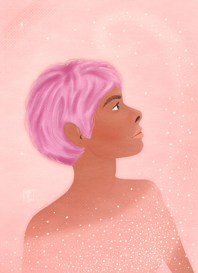 An artwork of a beautiful tan person with pink short hair, apparently not wearing anything, looking slightly up and towards the right side of the picture slightly amazed with stardust surrounding them and twirling above them Mervi Emilia Eskelinen