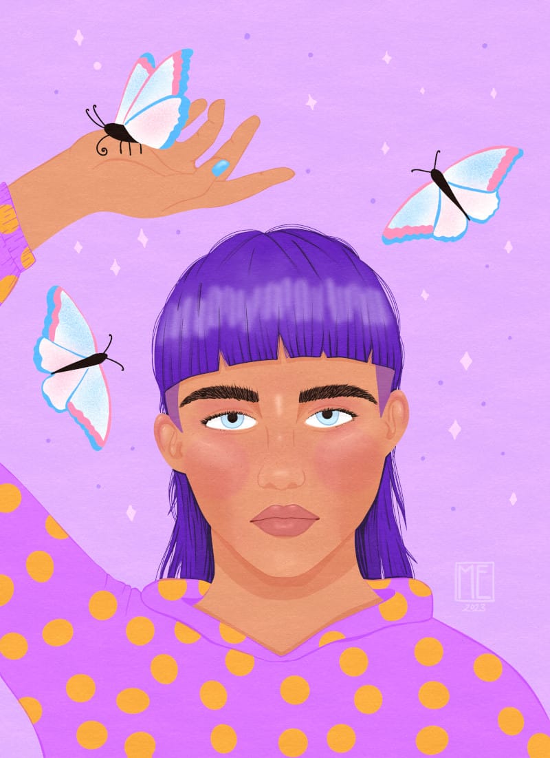 An artwork of a pale yet beautiful androgynous person, who has undercut long purple hair with bangs and icy blue eyes, is wearing a yellow dotted light purple hoodie and is holding their right hand up above their head where three blue, white and pink butterflies are flying, one of them having landed on their hand looking straight at you defiantly by Mervi Emilia Eskelinen