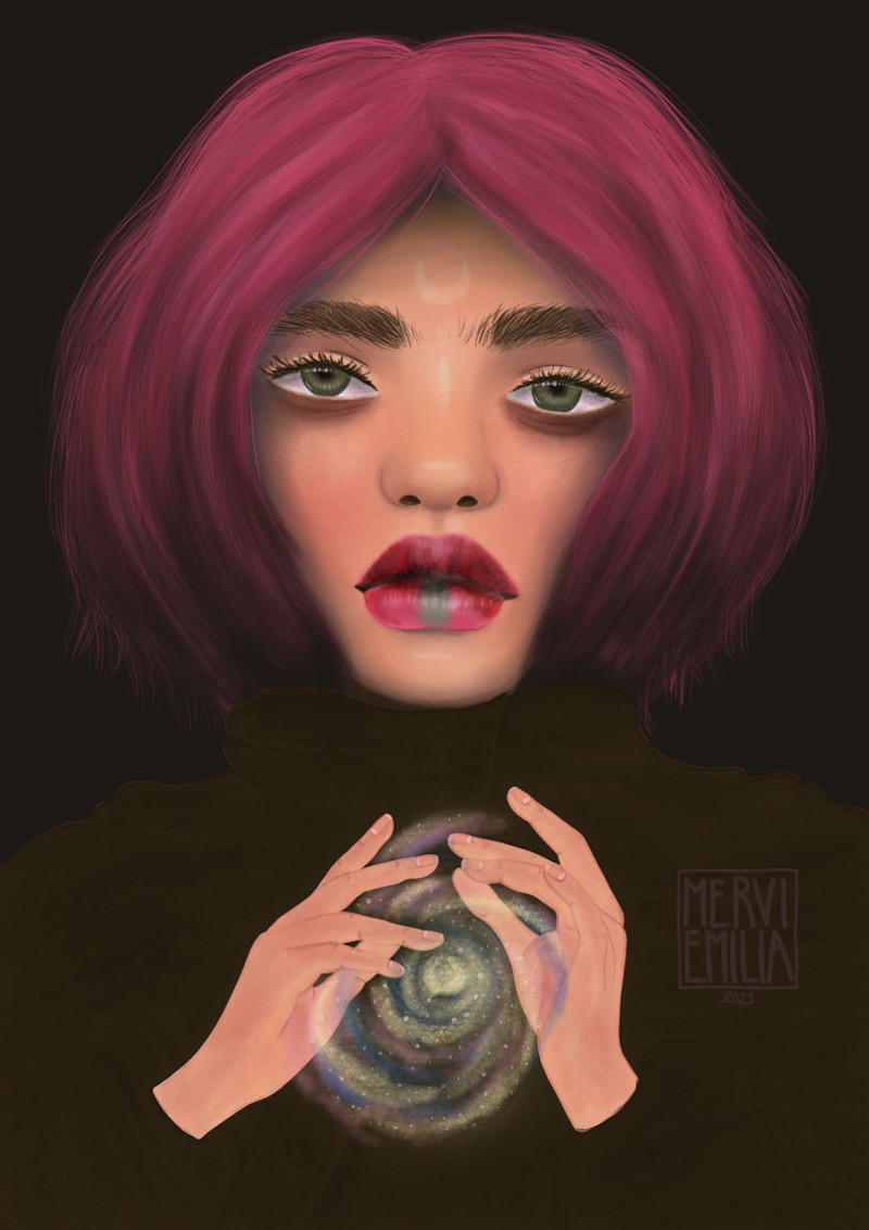 Creator, digital painting of a mysterious person with purple pink bob hair, green eyes, green stripe on lower lip and a crescent moon on their forhead creating a shiny universe between their hands by Mervi Emilia Eskelinen