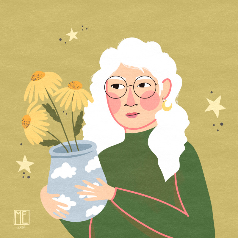 Flowers For You, an illustration of a white haired very pale girl wearing round glasses and green turtleneck sweater holding a blue, cloud decorated vase with three yellow sunflowers in it on a light green background with three stars and some dots by Mervi Emilia Eskelinen