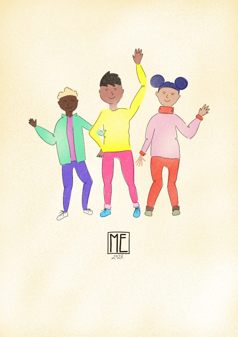 Colourful grainy illustration of three young looking people, first on left with darkest brown skin, light curly short hair wearing green jacket over pink shirt, purple pants and white sneakers, second with slightly lighter brown skin, black short hair wearing yellow shirt, pink pants and teal sneakers and third with tan skin, purple hair in space buns wearing pink and orange turtleneck, orange pants and green shoes by Mervi Eskelinen