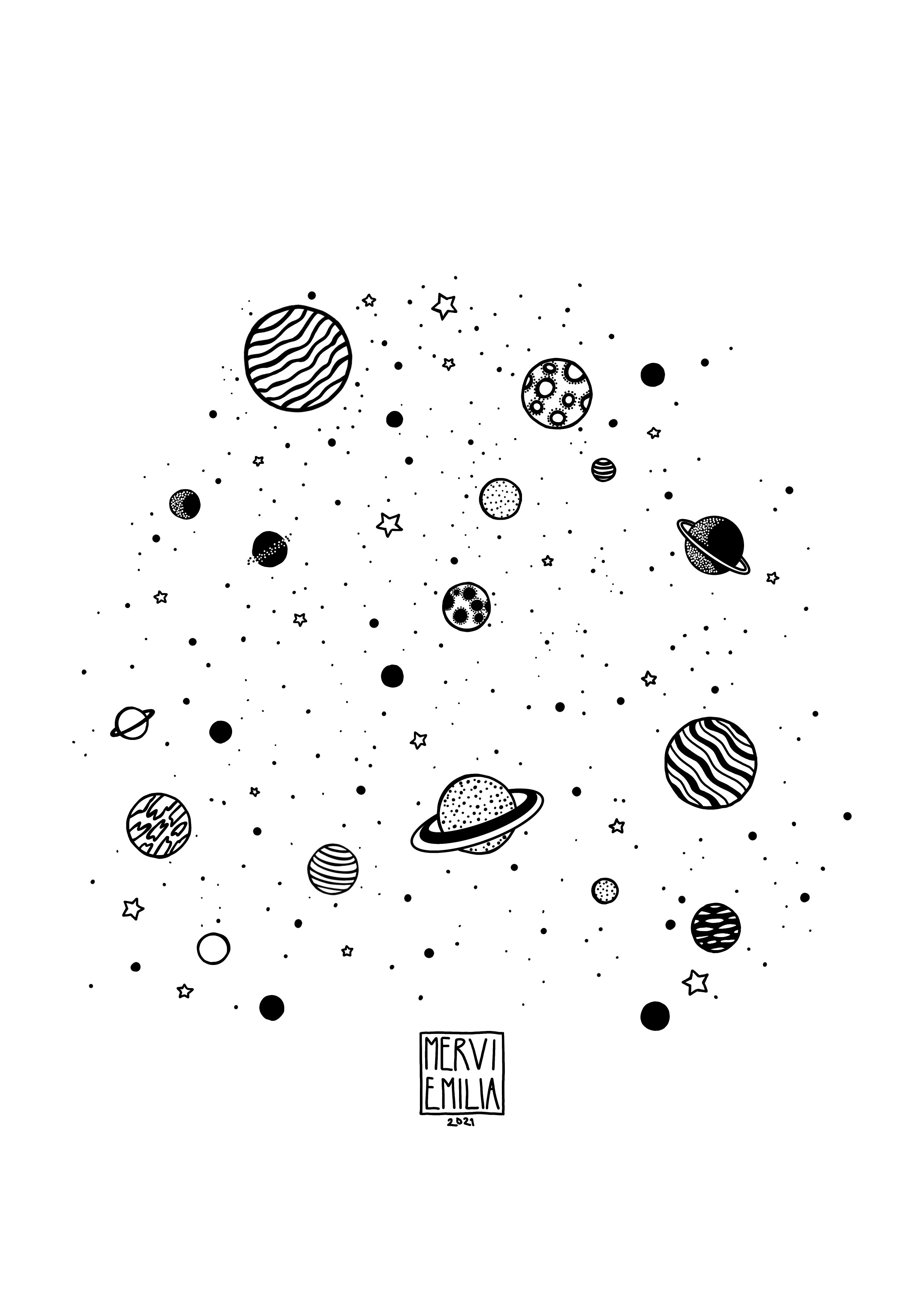 Space Stuffs, line drawing style black and white illustration of stylised planets and other space elements by Mervi Emilia Eskelinen