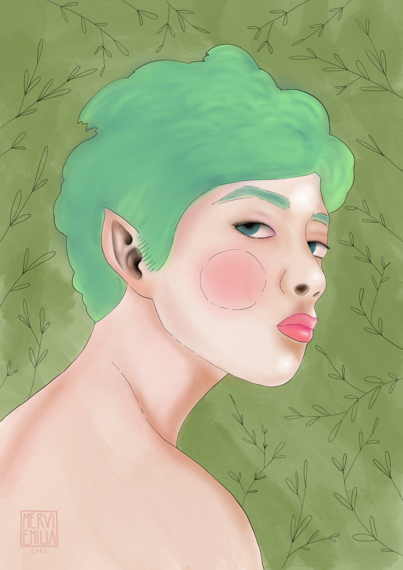Unimpressed Dryad, digital painting of a green haired pale dryad looking back towards you over her bare shoulder with an unimpressed look on her face and green leaves on a green background by Mervi Emilia Eskelinen